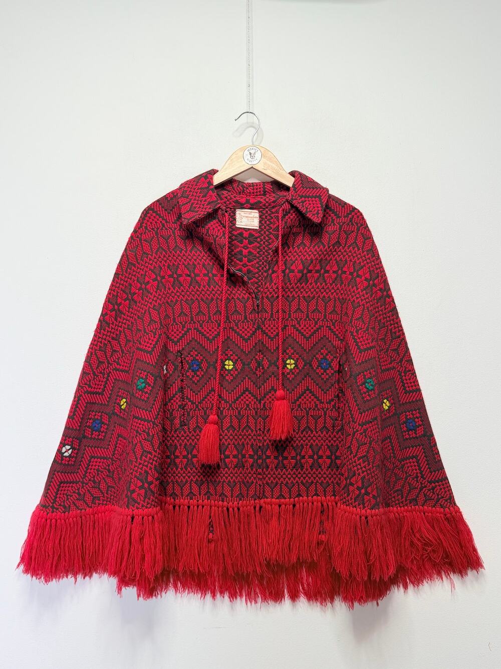 Vintage Guatemalan Hand Loomed Poncho Red Black Fringe Boho Folk Cape Artisan